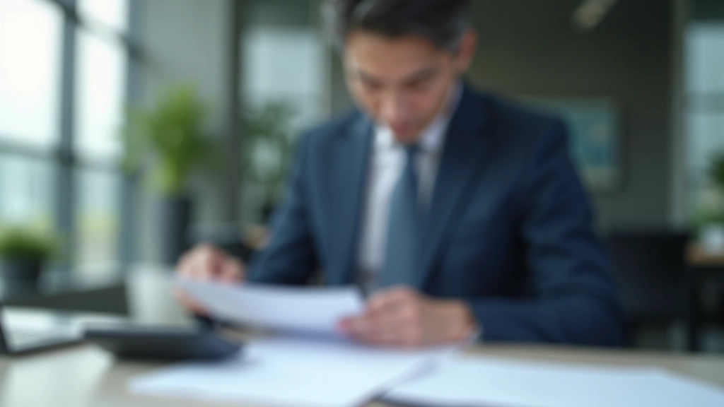 Professional accountant reviewing payslip documentation at desk with calculator and financial reports