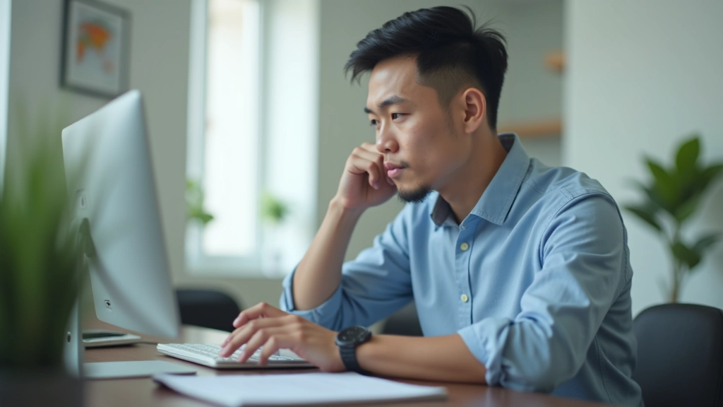 Person at computer reviewing payslip document with notepad and pen, focused expression, home office setting